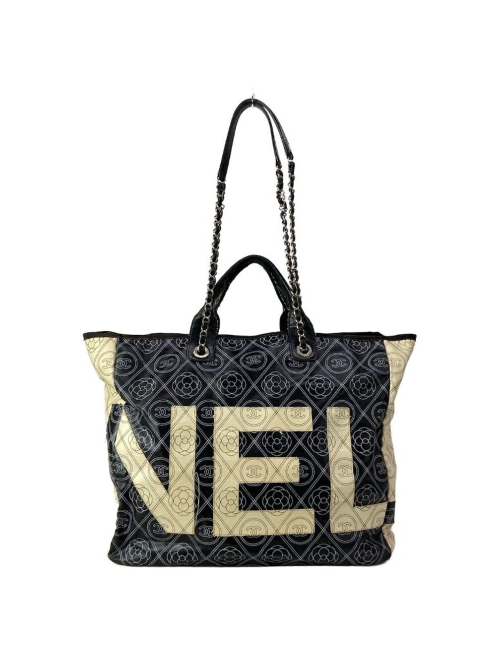 Chanel Tote Large Shopping Black Ivory 2-Way Chain Shoulder Silver Leather - Picture 3 of 15